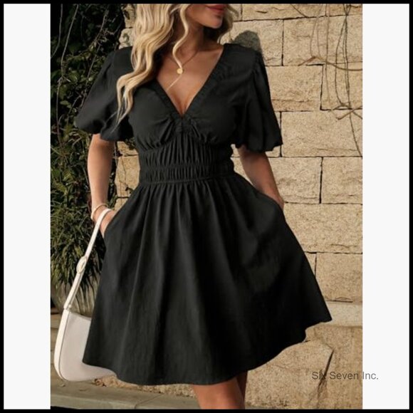 Summer Cotton Deep V Neck Puff Sleeve A-Line Mini Dress with Pockets - Picture 3 of 7